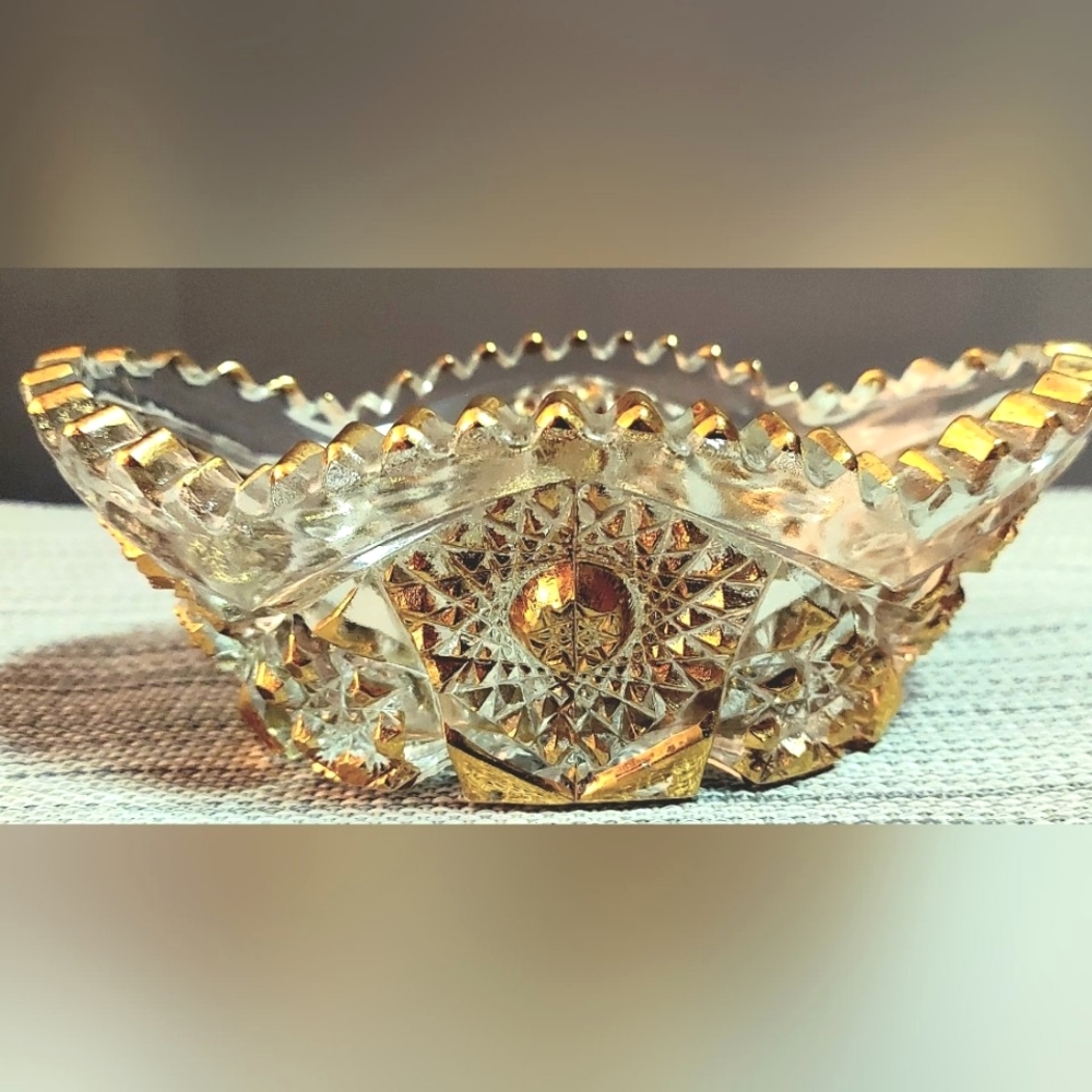 Vintage Cut Crystal Glass Pedestal Candy Bowl w/ Gold Plated Trimmed Designs